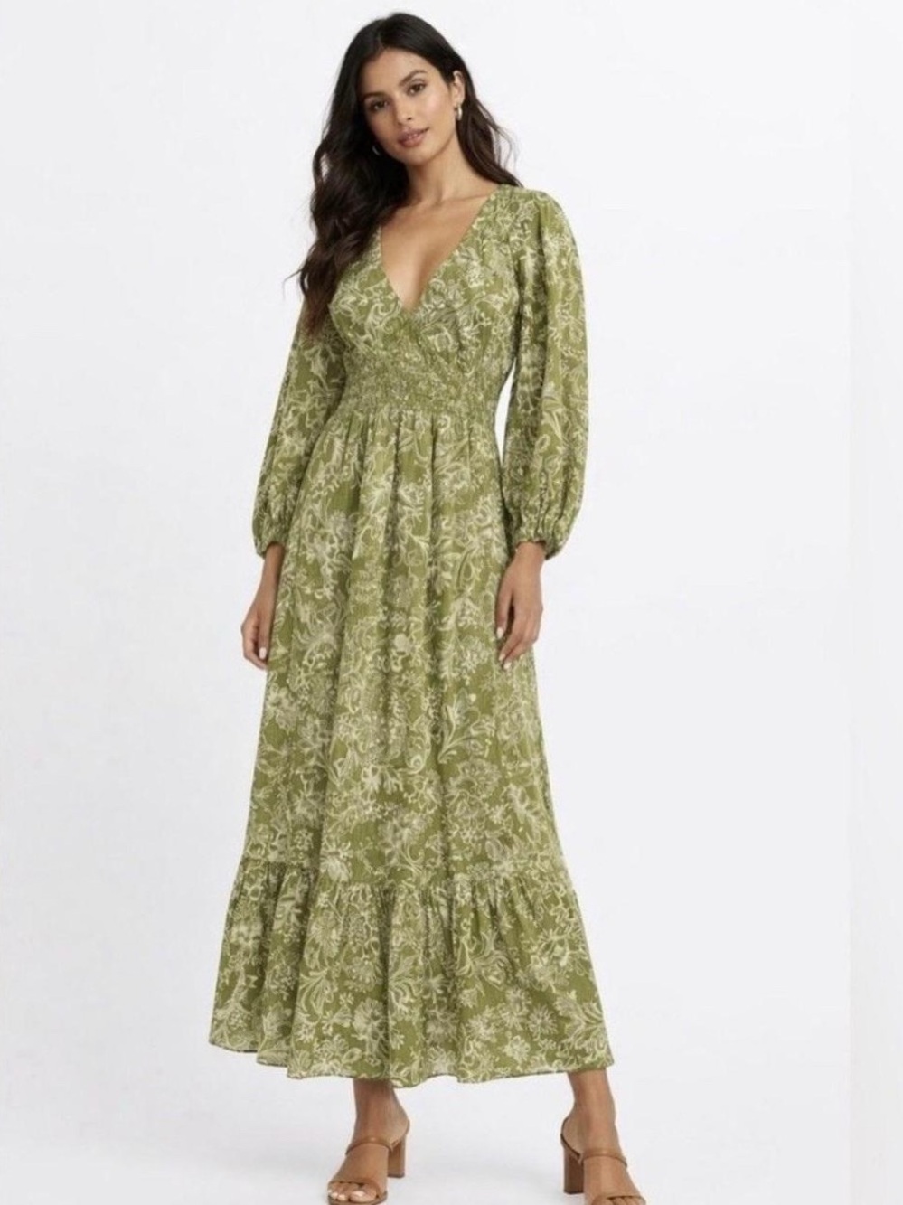 Patrons of Peace Olive Green Floral Long Sleeve Maxi Dress - 100% cotton